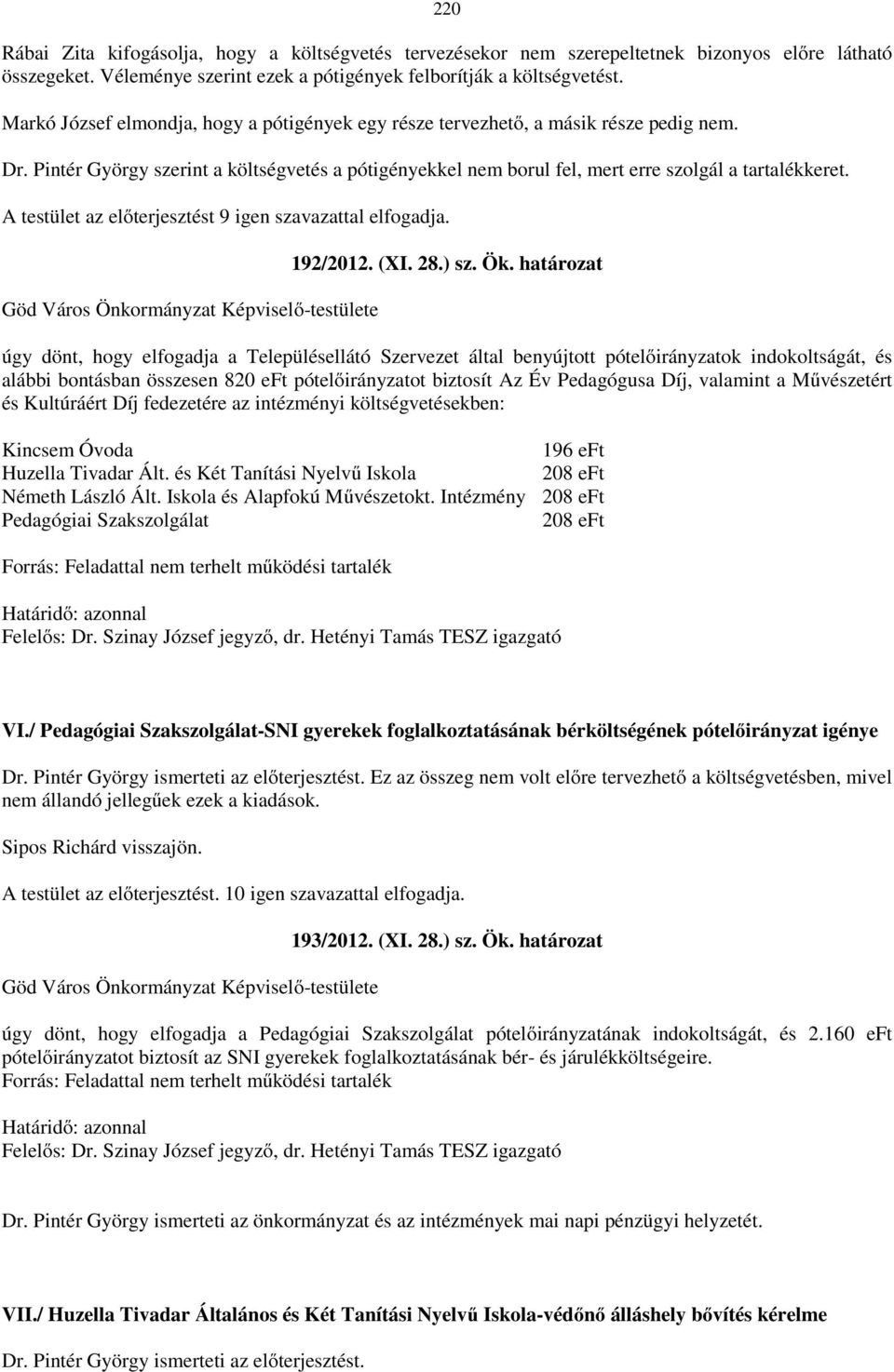 A testület az előterjesztést 9 igen szavazattal elfogadja. 192/2012. (XI. 28.) sz. Ök.