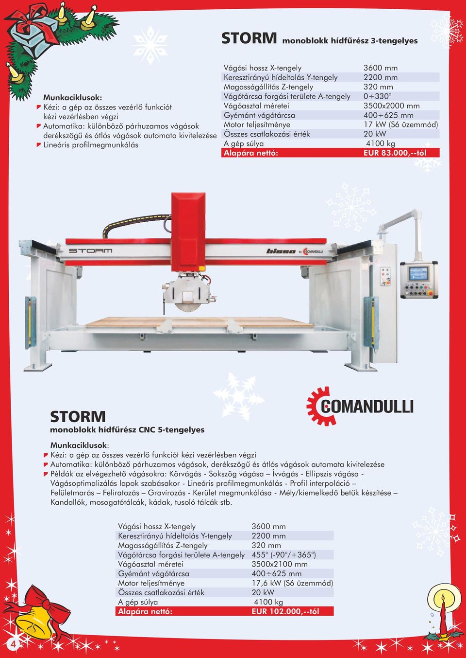 Vágóasztal méretei 3500x2000 mm Gyémánt vágótárcsa 400 625 mm Motor teljesítménye 17 kw (S6 üzemmód) Összes csatlakozási érték 20 kw 4100 kg EUR 83.