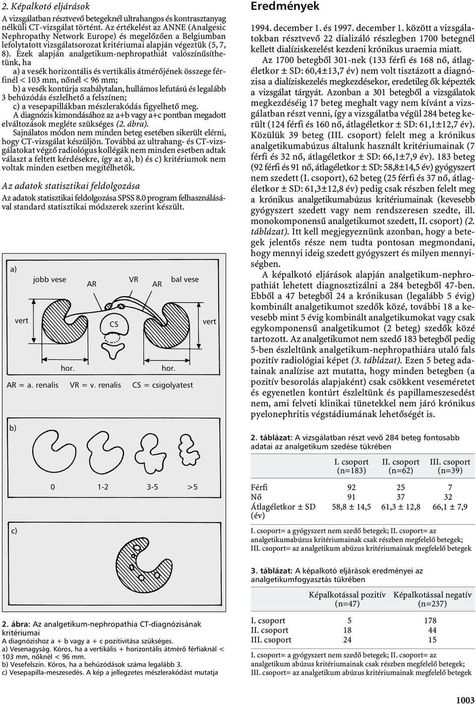 Ezek alapján analgetikum-nephropathiát valószínűsíthetünk, ha a) a vesék horizontális és vertikális átmérőjének összege férfinél < 103 mm, nőnél < 96 mm; b) a vesék kontúrja szabálytalan, hullámos