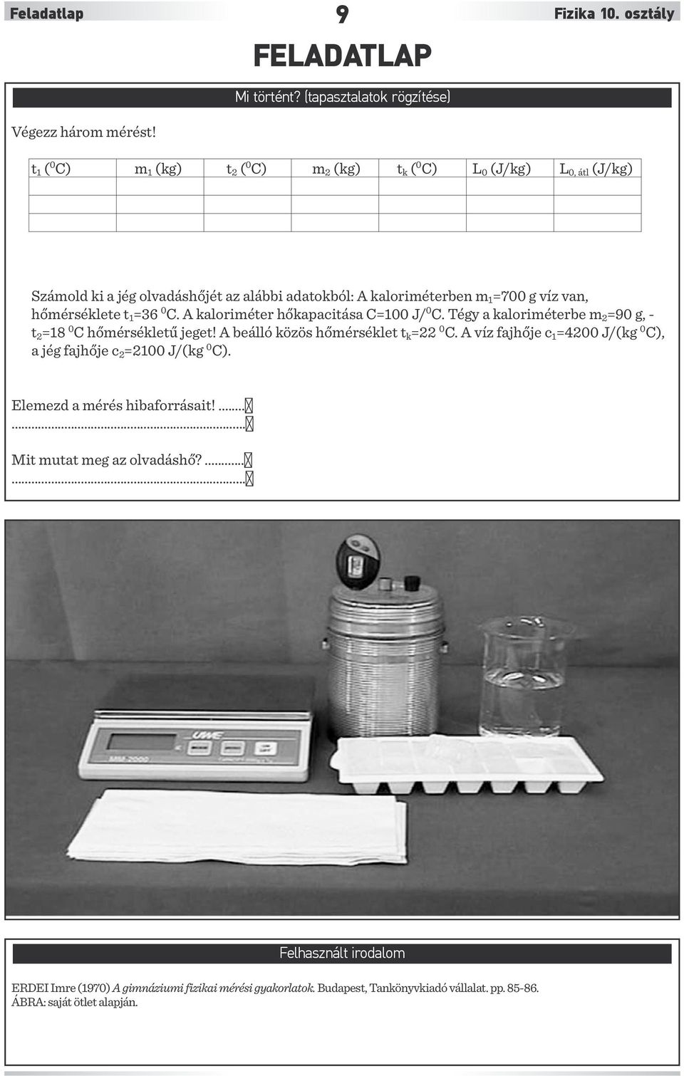 hőmérséklete t 1 =36 0 C. A kaloriméter hőkapacitása C=100 J/ 0 C. Tégy a kaloriméterbe m 2 =90 g, - t 2 =18 0 C hőmérsékletű jeget! A beálló közös hőmérséklet t k =22 0 C.