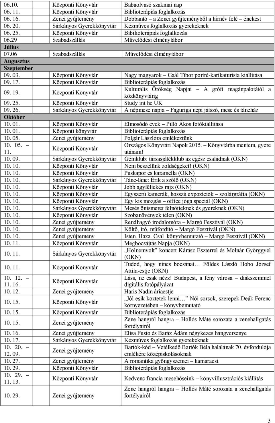 06 Szabadszállás Művelődési élménytábor Augusztus Szeptember 09. 0 Központi Nagy magyarok Gaál Tibor portré-karikaturista kiállítása 09. 17. Központi Biblioterápiás foglalkozás 09. 19.