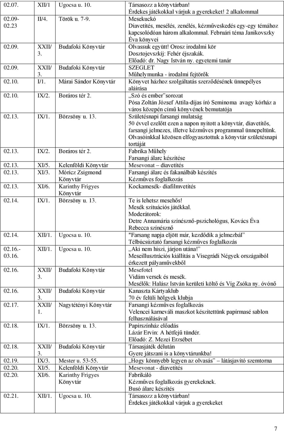 Orosz irodalmi kör Dosztojevszkíj: Fehér éjszakák. Előadó: dr. Nagy István ny. egyetemi tanár 02.09. XXII/ Budafoki SZEGLET Műhelymunka - irodalmi fejtörők 02.10. I/1.