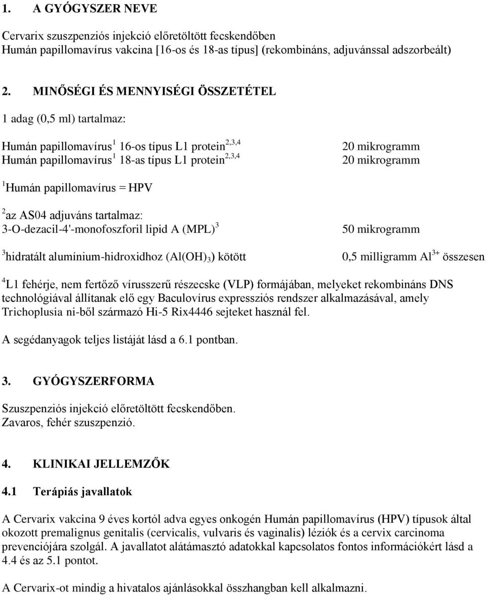 Humán papillomavírus = HPV 2 az AS04 adjuváns tartalmaz: 3-O-dezacil-4'-monofoszforil lipid A (MPL) 3 50 mikrogramm 3 hidratált alumínium-hidroxidhoz (Al(OH) 3 ) kötött 0,5 milligramm Al 3+ összesen