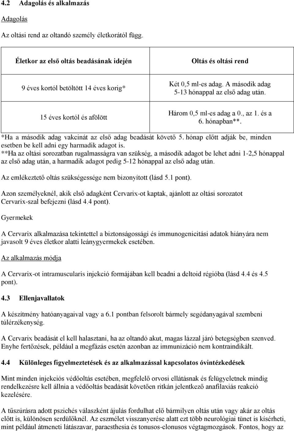 15 éves kortól és afölött Három 0,5 ml-es adag a 0., az 1. és a 6. hónapban**. *Ha a második adag vakcinát az első adag beadását követő 5.