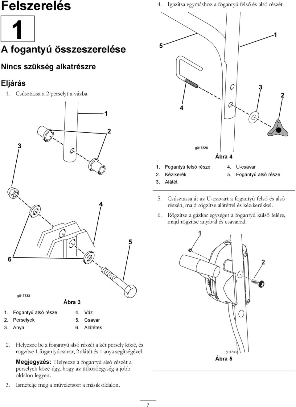 Rögzítse a gázkar egységet a fogantyú külső felére, majd rögzítse anyával és csavarral. 5 6 g017333 Ábra 3 1. Fogantyú alsó része 4. Váz 2. Perselyek 5. Csavar 3. Anya 6. Alátétek 2.