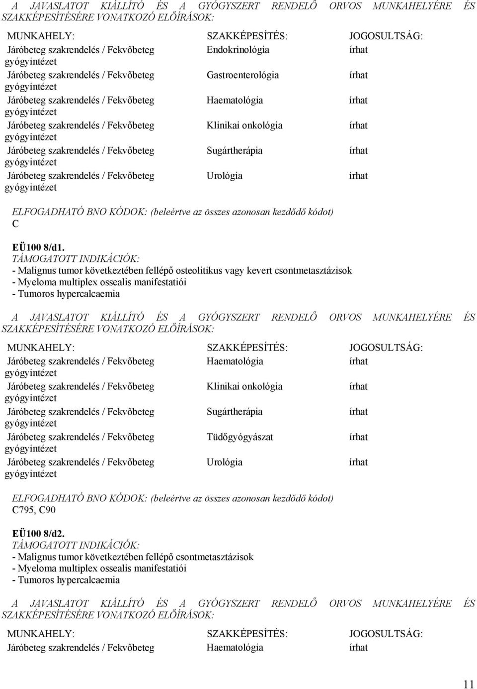 manifestatiói - Tumoros hypercalcaemia Haematológia Klinikai onkológia Sugártherápia Tüdőgyógyászat Urológia C795, C90