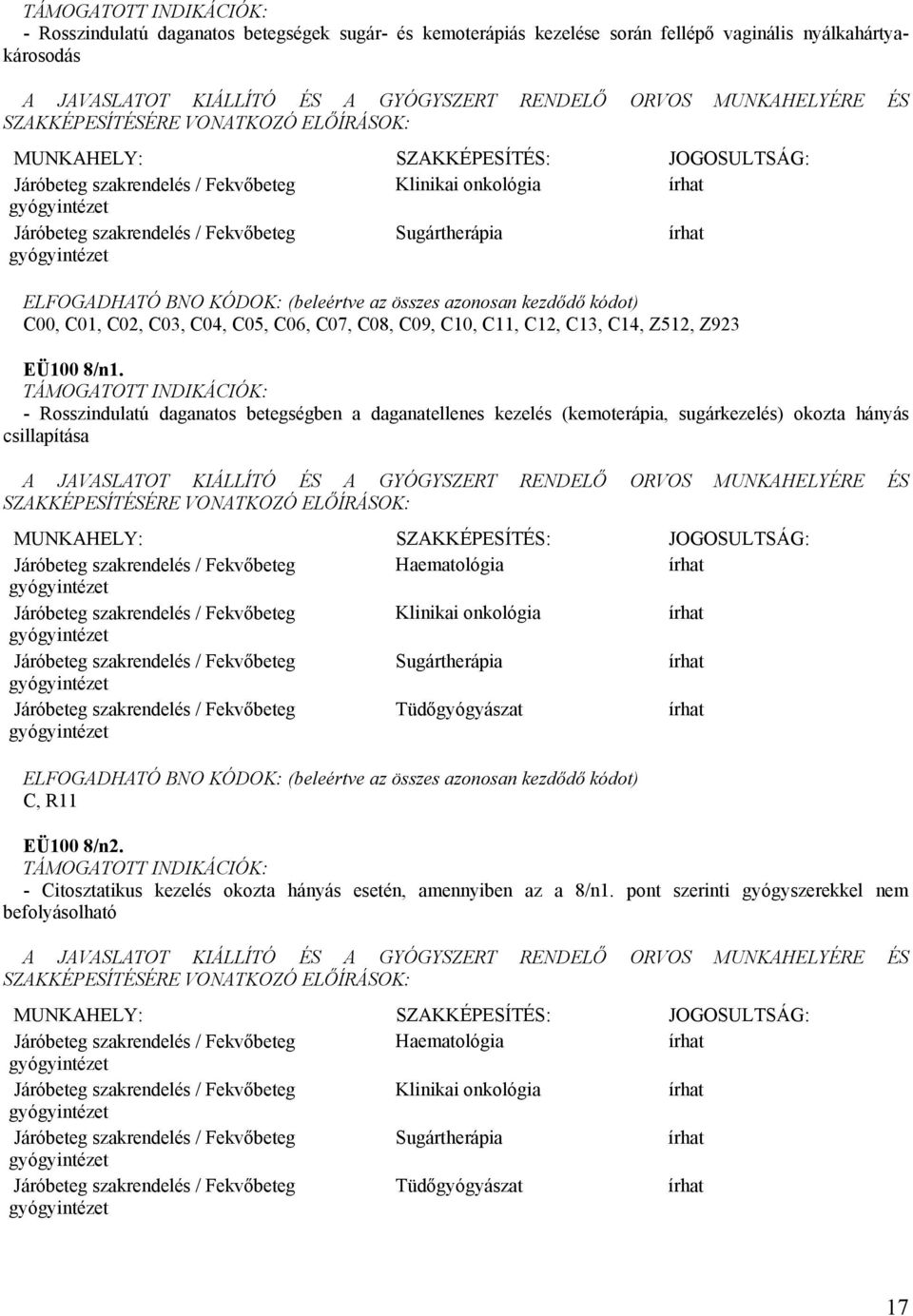 - Rosszindulatú daganatos betegségben a daganatellenes kezelés (kemoterápia, sugárkezelés) okozta hányás csillapítása Haematológia Klinikai onkológia