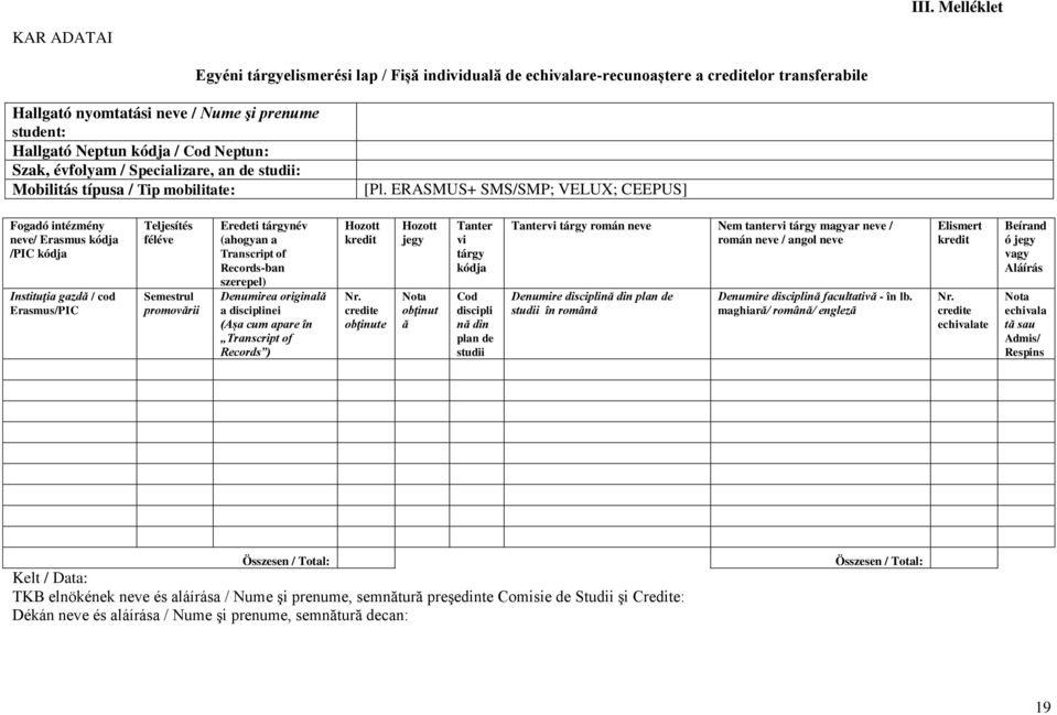 ERASMUS+ SMS/SMP; VELUX; CEEPUS] Fogadó intézmény neve/ Erasmus kódja /PIC kódja Instituţia gazdă / cod Erasmus/PIC Teljesítés féléve Semestrul promovării Eredeti tárgynév (ahogyan a Transcript of