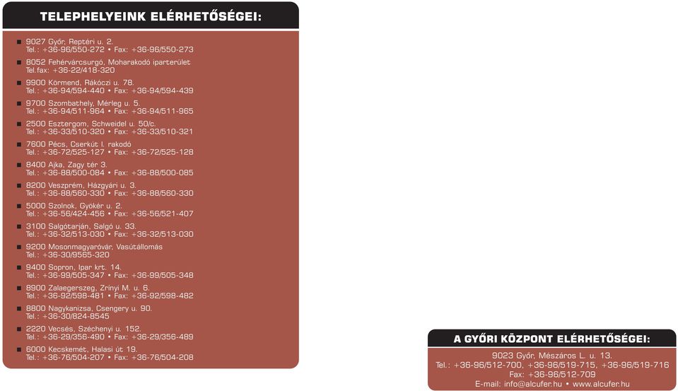 rakodó Tel.: +36-72/525-127 Fax: +36-72/525-128 < 8400 Ajka, Zagy tér 3. Tel.: +36-88/500-084 Fax: +36-88/500-085 < 8200 Veszprém, Házgyári u. 3. Tel.: +36-88/560-330 Fax: +36-88/560-330 < 5000 Szolnok, Gyökér u.