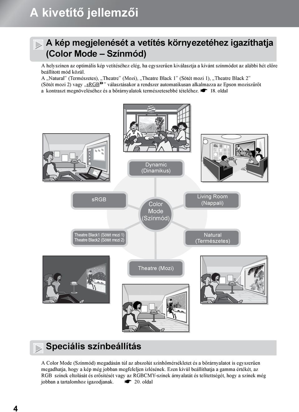A Natural (Természetes), Theatre (Mozi), Theatre Black 1 (Sötét mozi 1), Theatre Black 2 (Sötét mozi 2) vagy srgb választásakor a rendszer automatikusan alkalmazza az Epson moziszűrőt a kontraszt