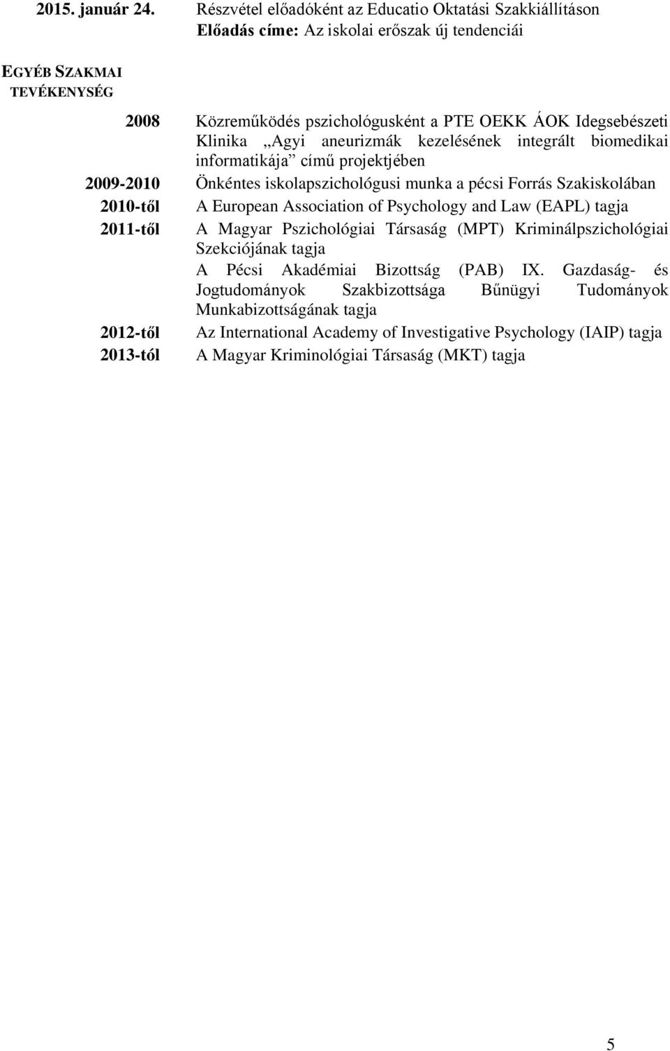 Idegsebészeti Klinika Agyi aneurizmák kezelésének integrált biomedikai informatikája című projektjében 2009-2010 Önkéntes iskolapszichológusi munka a pécsi Forrás Szakiskolában