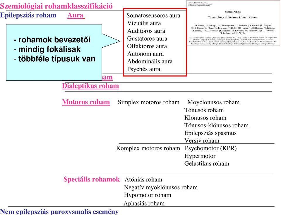 motoros roham Moyclonusos roham Tónusos roham Klónusos roham Tónusos-klónusos roham Epilepsziás spasmus Versív roham Komplex motoros roham Psychomotor