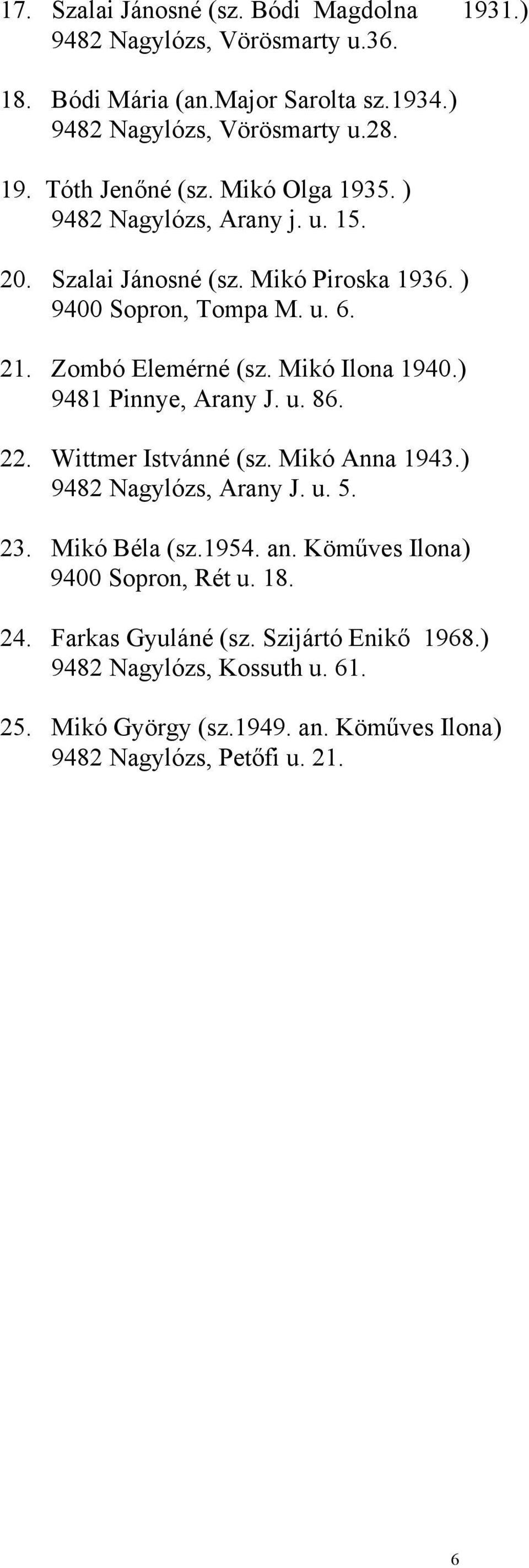 ) 9481 Pinnye, Arany J. u. 86. 22. Wittmer Istvánné (sz. Mikó Anna 1943.) 9482 Nagylózs, Arany J. u. 5. 23. Mikó Béla (sz.1954. an.