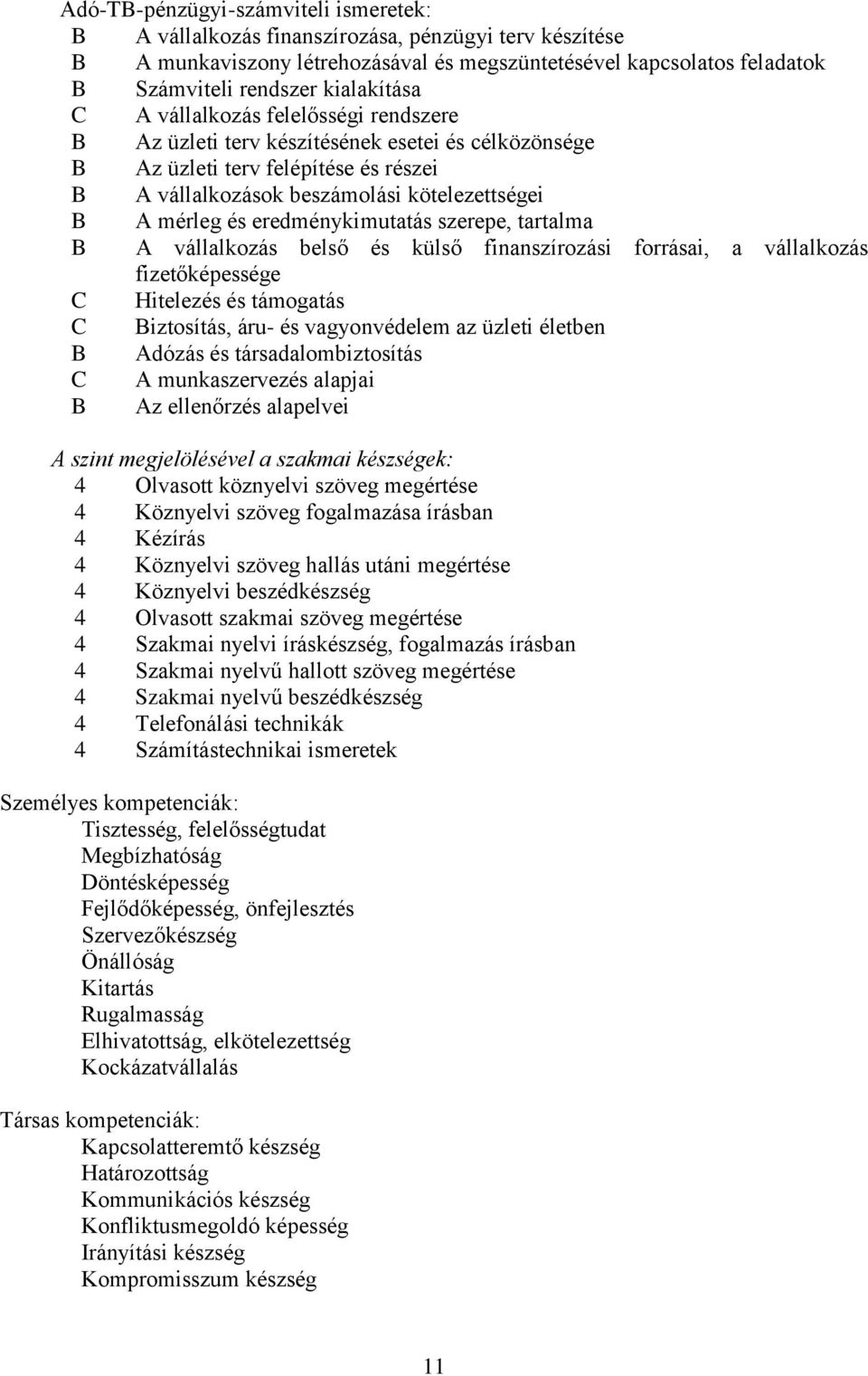 szerepe, tartalma B vállalkozás belső és külső finanszírozási forrásai, a vállalkozás fizetőképessége C Hitelezés és támogatás C Biztosítás, áru- és vagyonvédelem az üzleti életben B dózás és