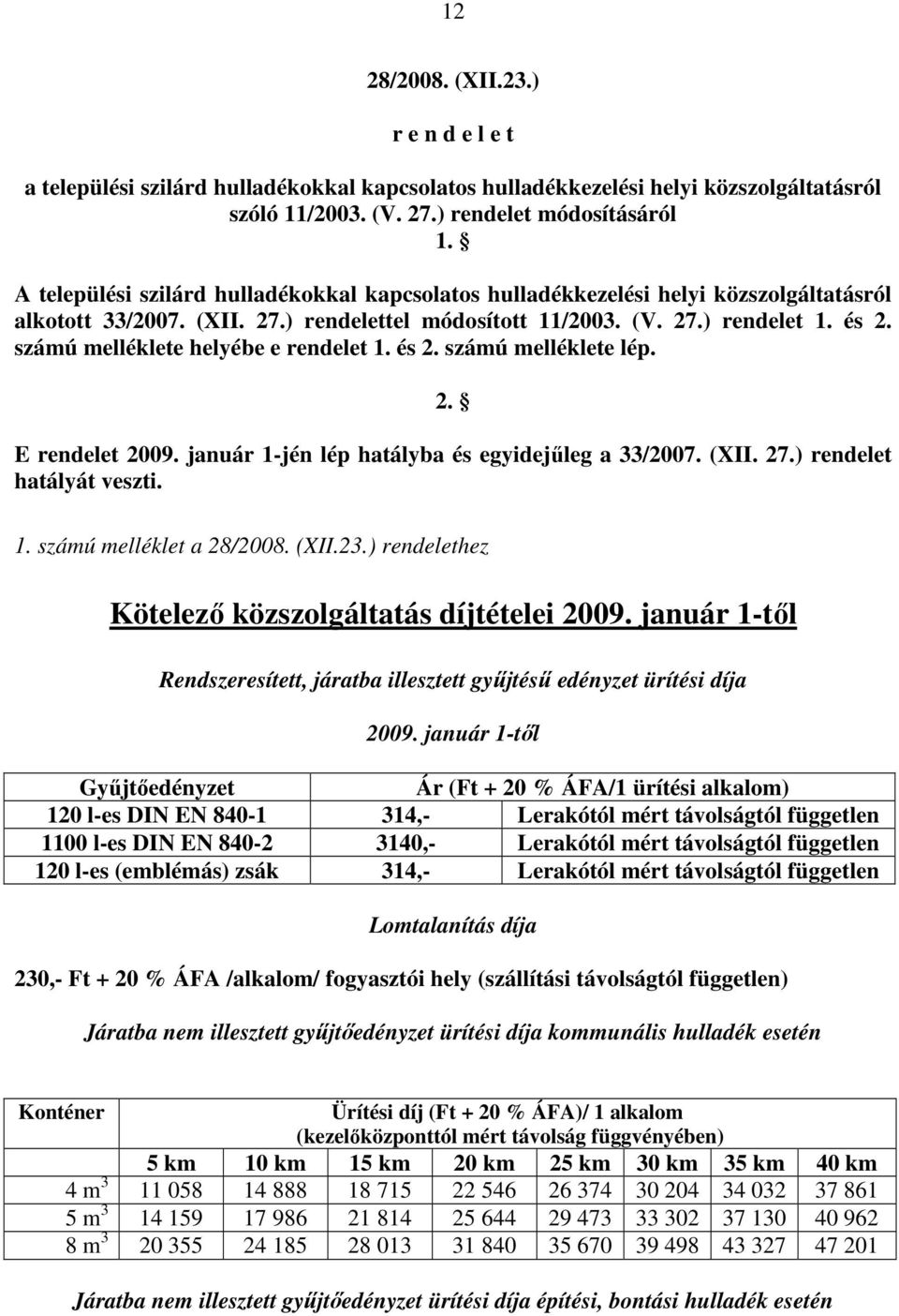 számú melléklete helyébe e rendelet 1. és 2. számú melléklete lép. 2. E rendelet 2009. január 1-jén lép hatályba és egyidejőleg a 33/2007. (XII. 27.) rendelet hatályát veszti. 1. számú melléklet a 28/2008.