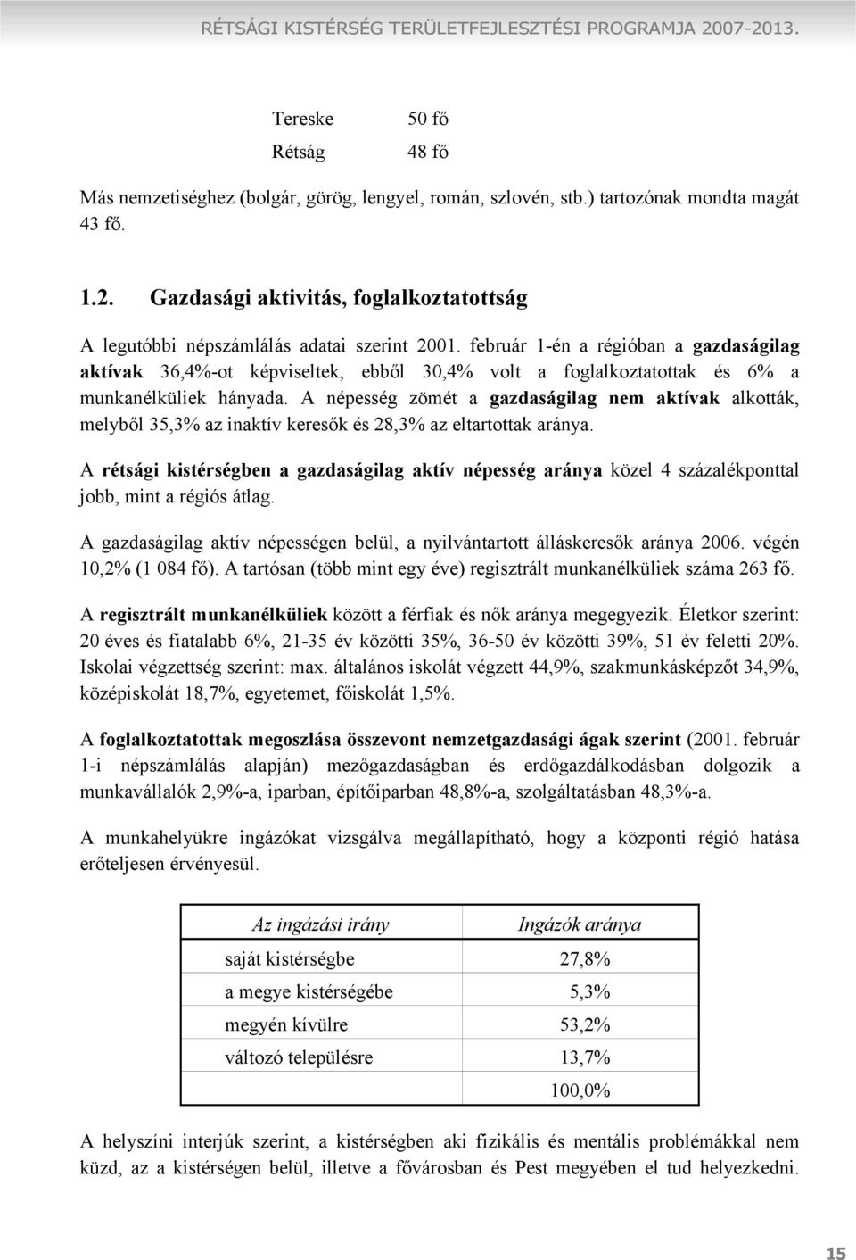 A népesség zömét a gazdaságilag nem aktívak alkották, melyből 35,3% az inaktív keresők és 28,3% az eltartottak aránya.