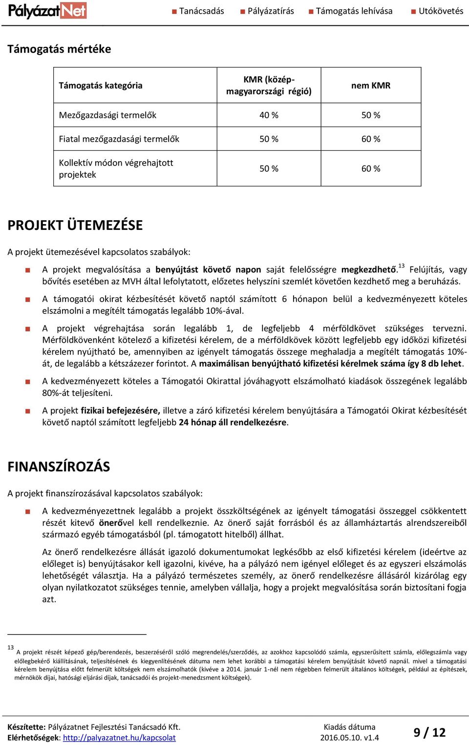13 Felújítás, vagy bővítés esetében az MVH által lefolytatott, előzetes helyszíni szemlét követően kezdhető meg a beruházás.