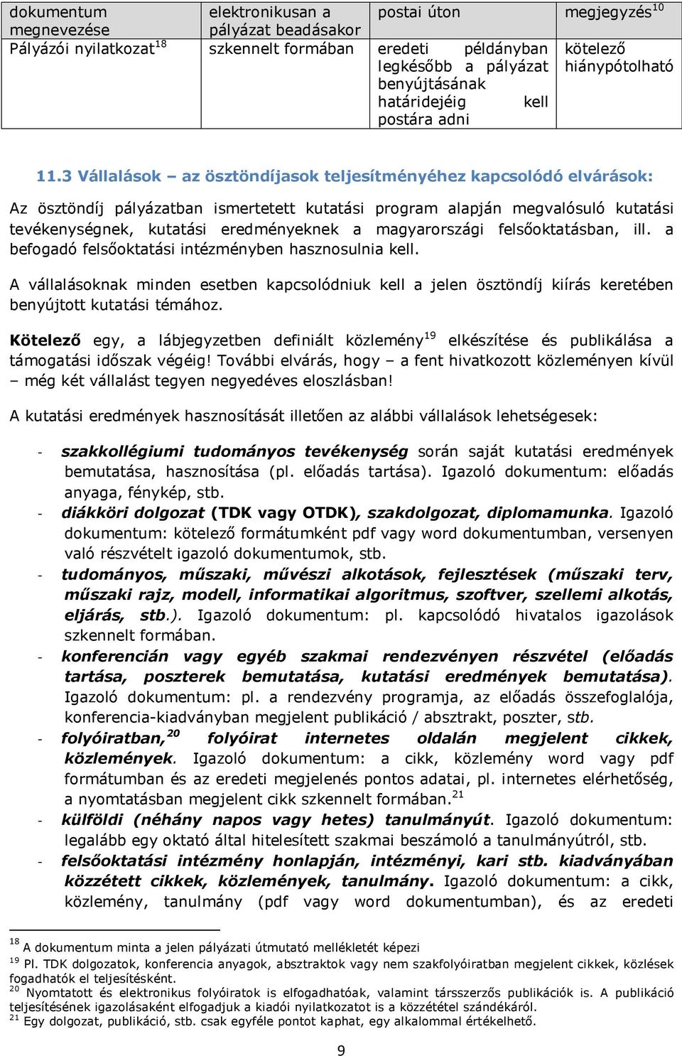 3 Vállalások az ösztöndíjasok teljesítményéhez kapcsolódó elvárások: Az ösztöndíj pályázatban ismertetett kutatási program alapján megvalósuló kutatási tevékenységnek, kutatási eredményeknek a