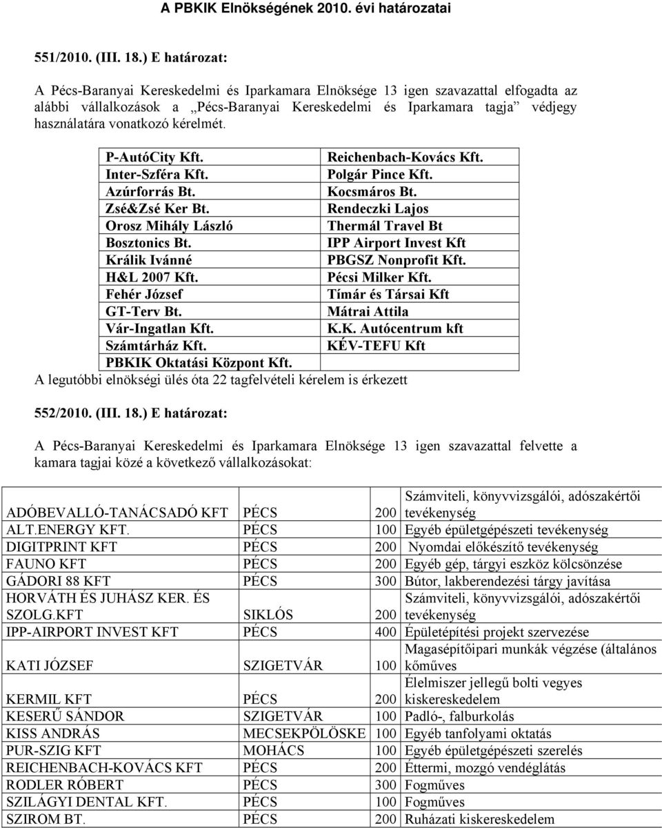 vonatkozó kérelmét. P-AutóCity Kft. Reichenbach-Kovács Kft. Inter-Szféra Kft. Polgár Pince Kft. Azúrforrás Bt. Kocsmáros Bt. Zsé&Zsé Ker Bt.