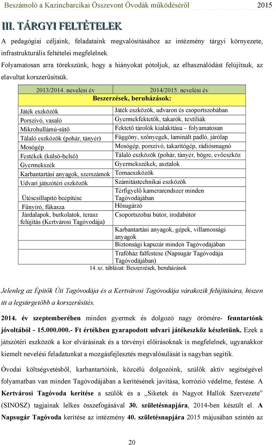 nevelési év Beszerzések, beruházások: Játék eszközök Játék eszközök, udvaron és csoportszobában Porszívó, vasaló Gyermekfektetők, takarók, textíliák Mikrohullámú-sütő Fektető tárolók kialakítása