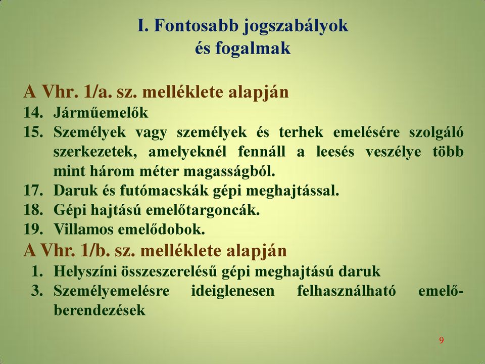 méter magasságból. 17. Daruk és futómacskák gépi meghajtással. 18. Gépi hajtású emelőtargoncák. 19. Villamos emelődobok.