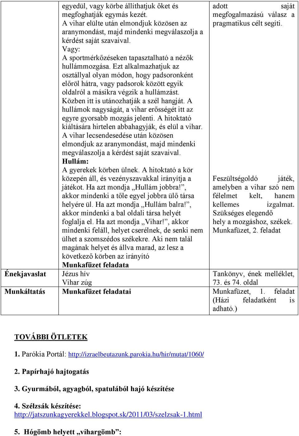 Ezt alkalmazhatjuk az osztállyal olyan módon, hogy padsoronként előröl hátra, vagy padsorok között egyik oldalról a másikra végzik a hullámzást. Közben itt is utánozhatják a szél hangját.