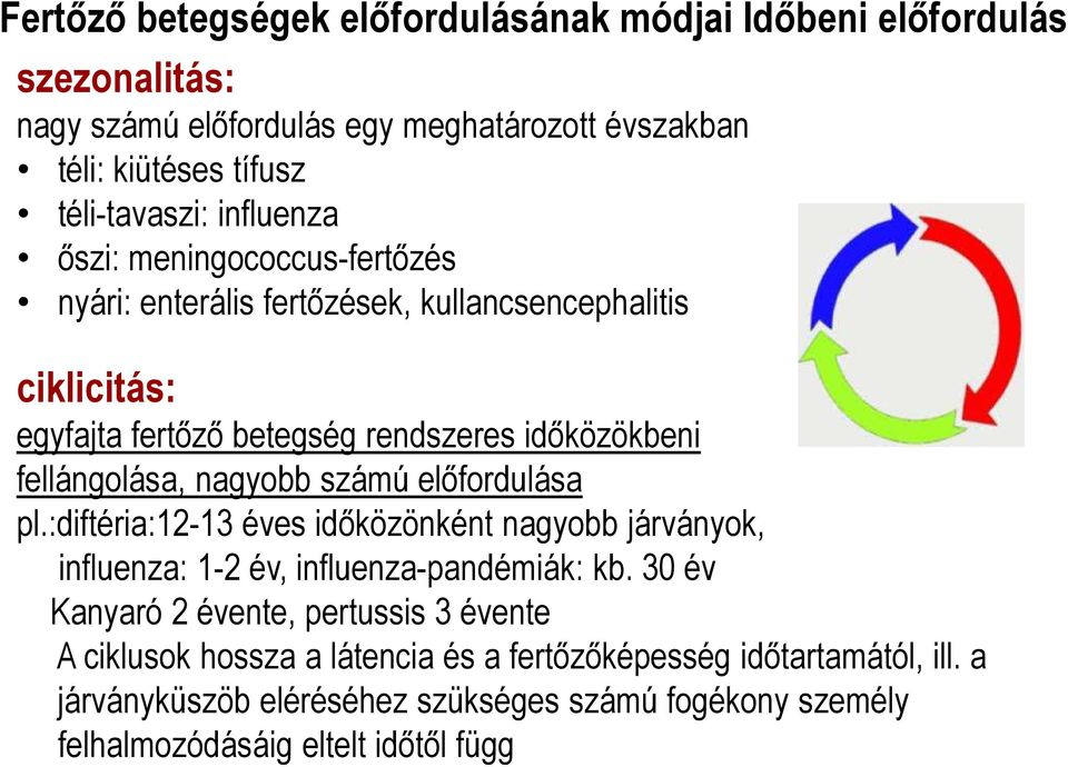 nagyobb számú elıfordulása pl.:diftéria:12-13 éves idıközönként nagyobb járványok, influenza: 1-2 év, influenza-pandémiák: kb.