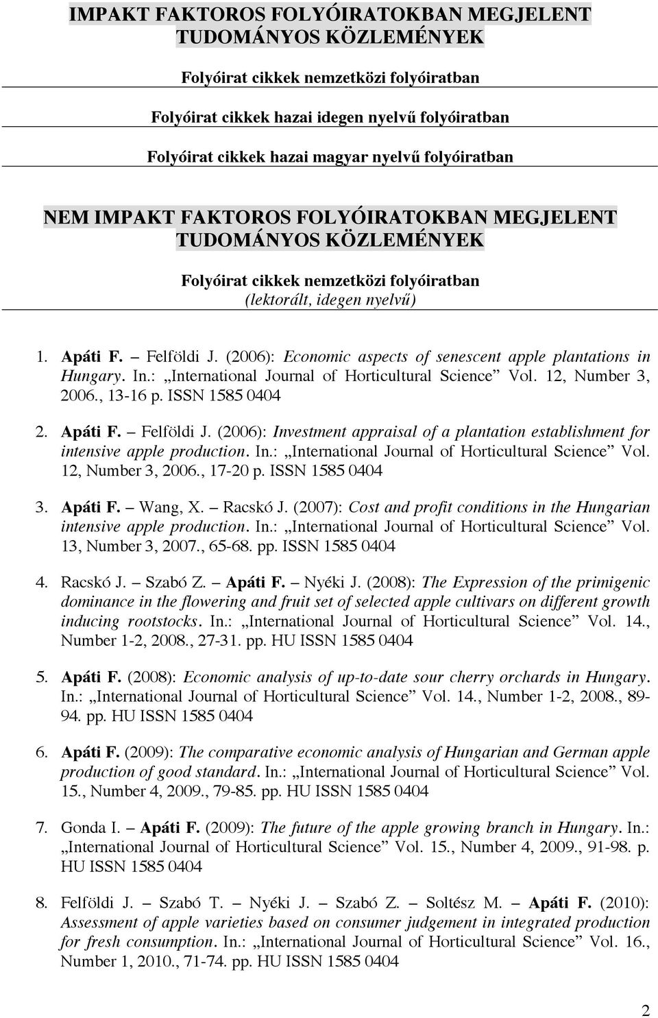 (2006): Economic aspects of senescent apple plantations in Hungary. In.: International Journal of Horticultural Science Vol. 12, Number 3, 2006., 13-16 p. ISSN 1585 0404 2. Apáti F. Felföldi J.