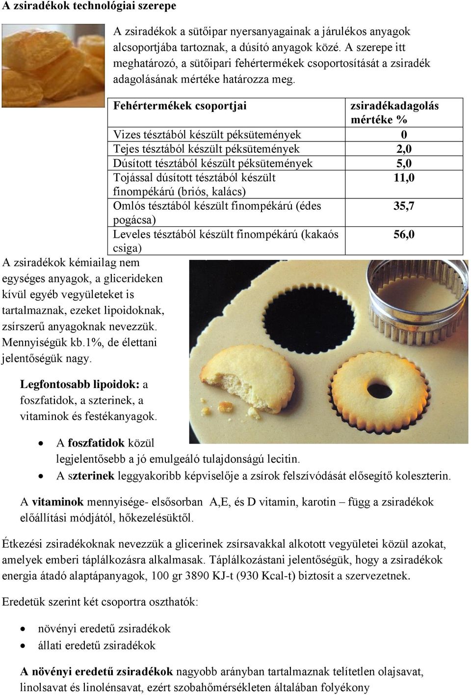 Fehértermékek csoportjai zsiradékadagolás mértéke % Vizes tésztából készült péksütemények 0 Tejes tésztából készült péksütemények 2,0 Dúsított tésztából készült péksütemények 5,0 Tojással dúsított