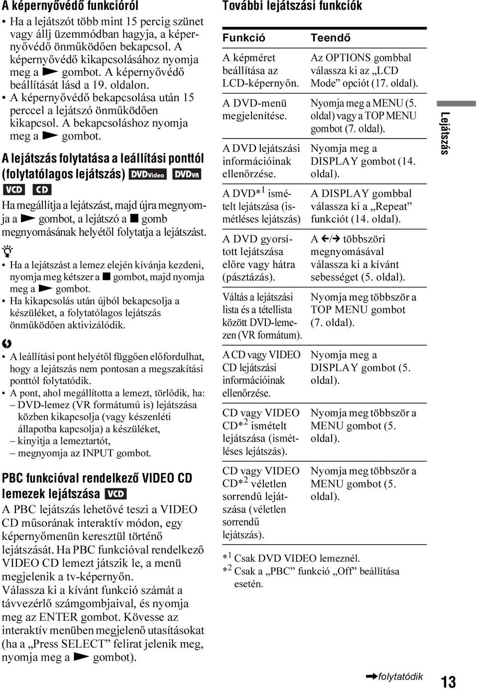 A lejátszás folytatása a leállítási ponttól (folytatólagos lejátszás) Ha megállítja a lejátszást, majd újra megnyomja a N gombot, a lejátszó a x gomb megnyomásának helyétől folytatja a lejátszást.