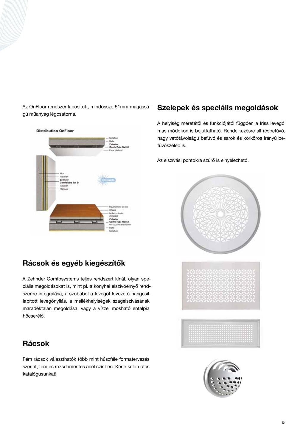 Rácsok és egyéb kiegészítők A Zehnder Comfosystems teljes rendszert kínál, olyan speciális megoldásokat is, mint pl.
