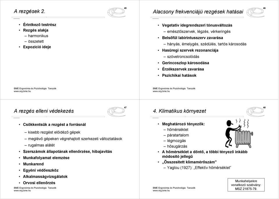 labirintusszerv zavarása hányás, émelygés, szédülés, tartós károsodás Hasüregi szervek rezonanciája szövetroncsolódás Gerincoszlop károsodása Érzékszervek zavarása Pszichikai hatások A rezgés elleni