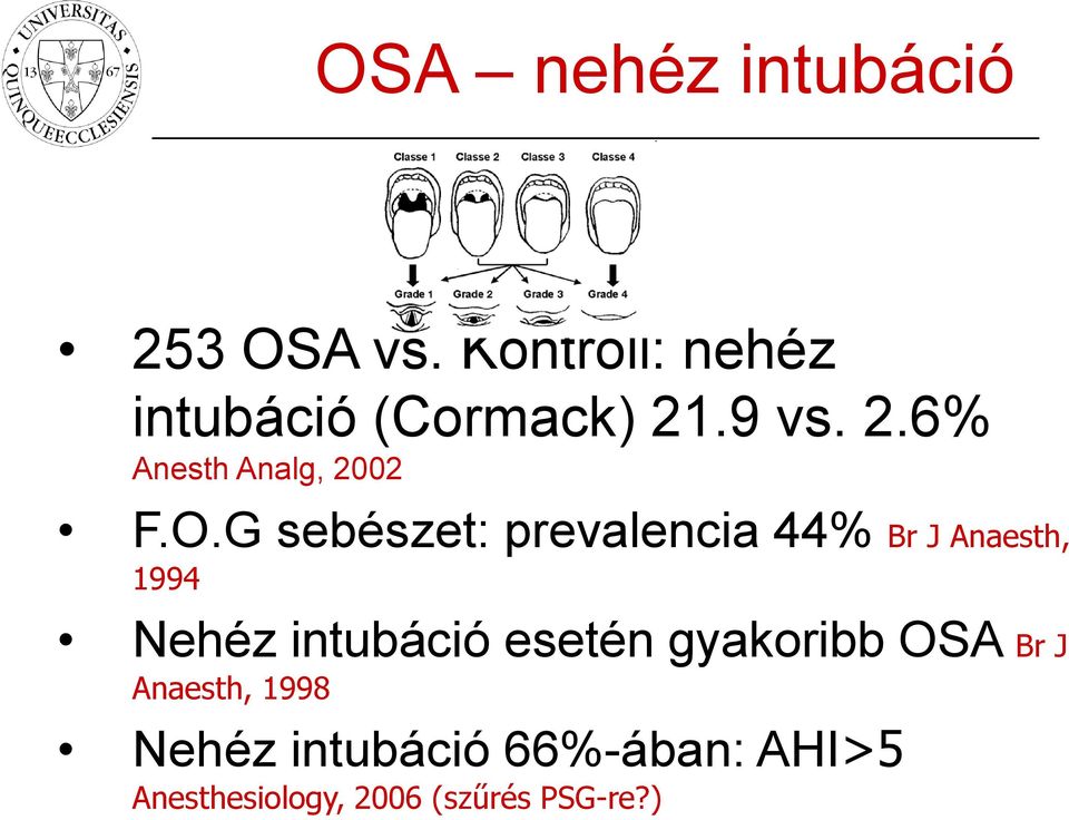 O.G sebészet: prevalencia 44% Br J Anaesth, 1994 Nehéz intubáció