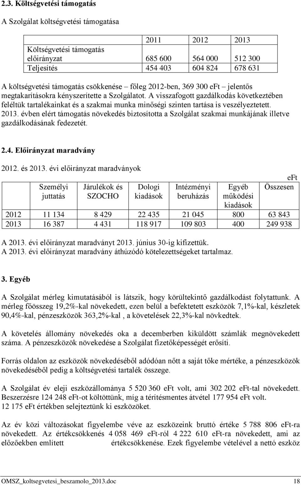 A visszafogott gazdálkodás következtében feléltük tartalékainkat és a szakmai munka minőségi szinten tartása is veszélyeztetett. 2013.