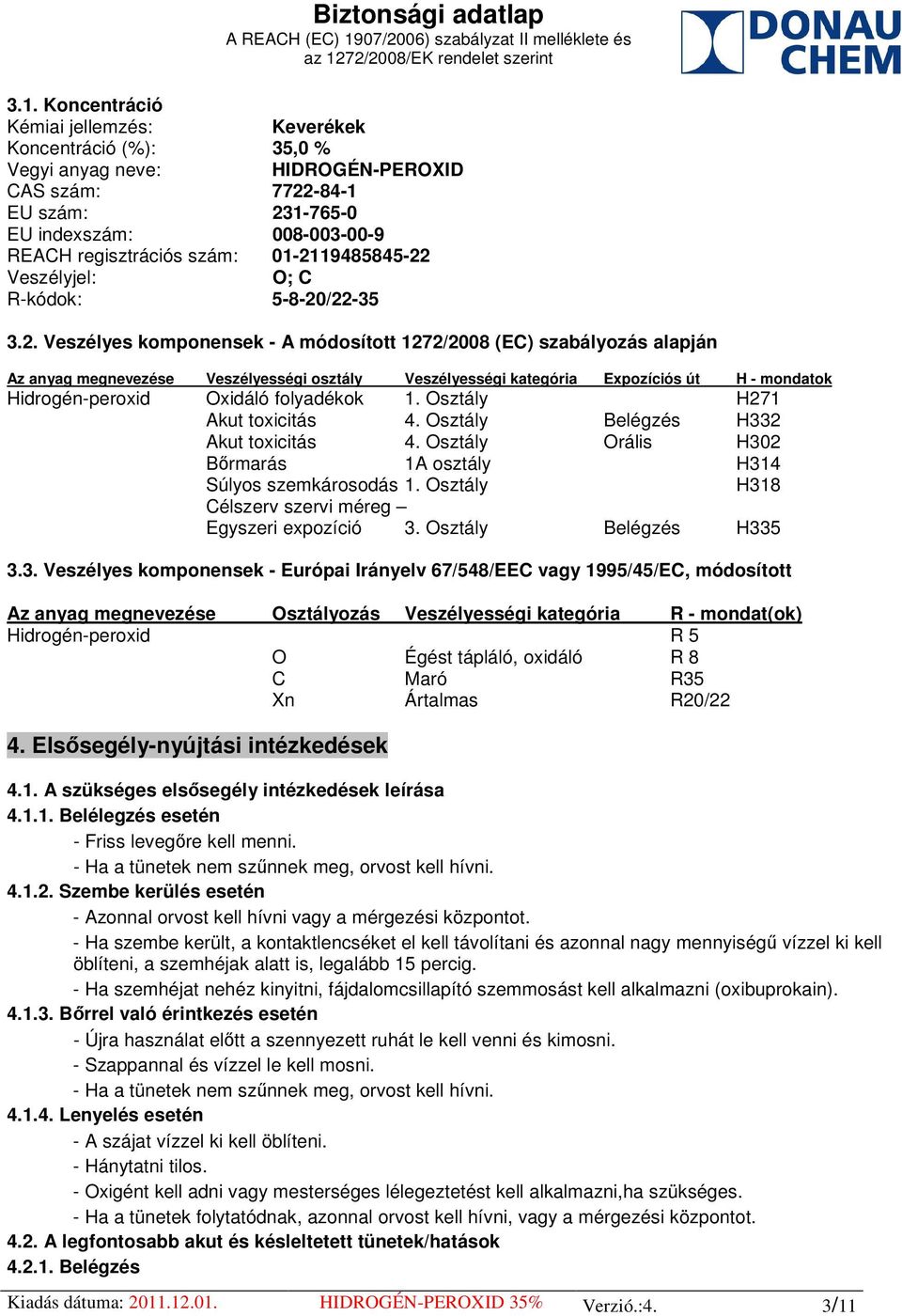 Expozíciós út H - mondatok Hidrogén-peroxid Oxidáló folyadékok 1. Osztály H271 Akut toxicitás 4. Osztály Belégzés H332 Akut toxicitás 4.