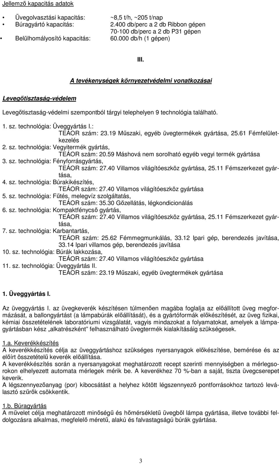 : TEÁOR szám: 23.19 Műszaki, egyéb üvegtermékek gyártása, 25.61 Fémfelületkezelés 2. sz. technológia: Vegyitermék gyártás, TEÁOR szám: 20.59 Máshová nem sorolható egyéb vegyi termék gyártása 3. sz. technológia: Fényforrásgyártás, TEÁOR szám: 27.