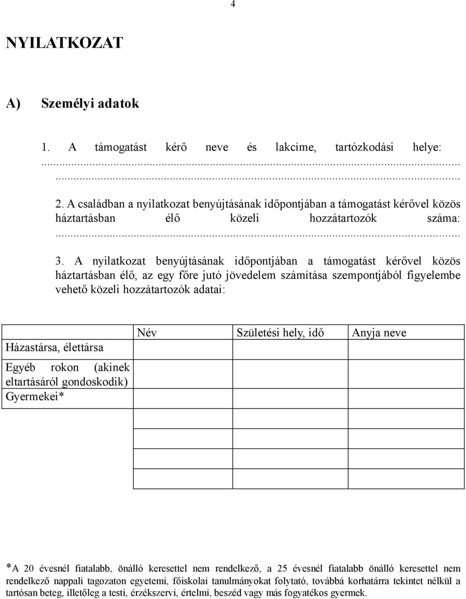 A nyilatkozat benyújtásának időpontjában a támogatást kérővel közös háztartásban élő, az egy főre jutó jövedelem számítása szempontjából figyelembe vehető közeli hozzátartozók adatai: Házastársa,