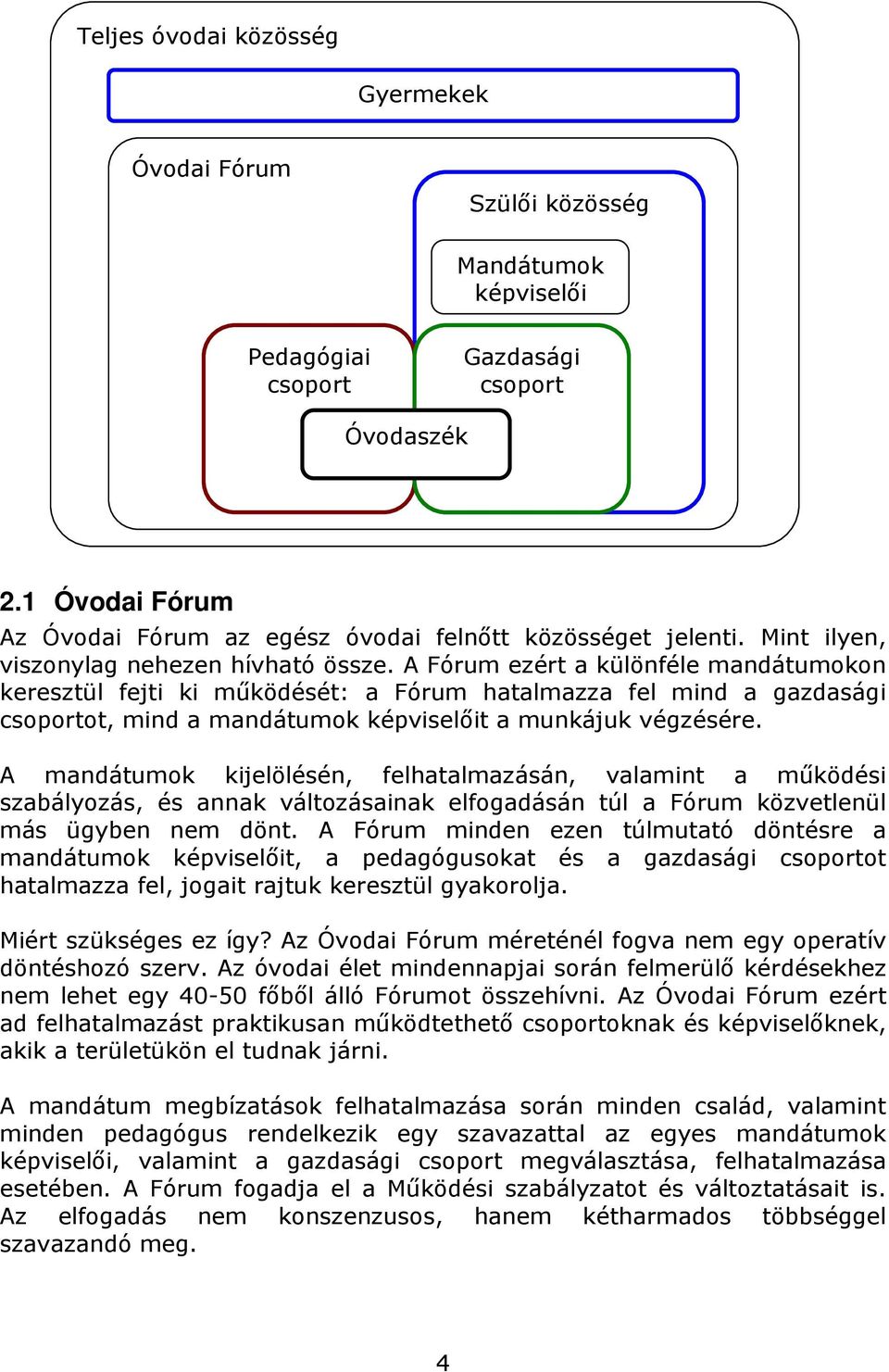 A Fórum ezért a különféle mandátumokon keresztül fejti ki működését: a Fórum hatalmazza fel mind a gazdasági csoportot, mind a mandátumok képviselőit a munkájuk végzésére.