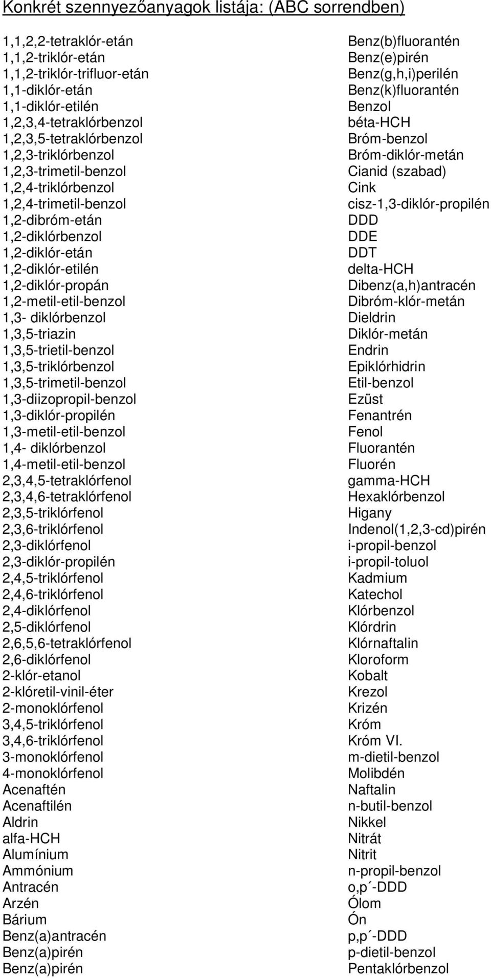1,2-metil-etil-benzol 1,3- diklórbenzol 1,3,5-triazin 1,3,5-trietil-benzol 1,3,5-triklórbenzol 1,3,5-trimetil-benzol 1,3-diizopropil-benzol 1,3-diklór-propilén 1,3-metil-etil-benzol 1,4- diklórbenzol