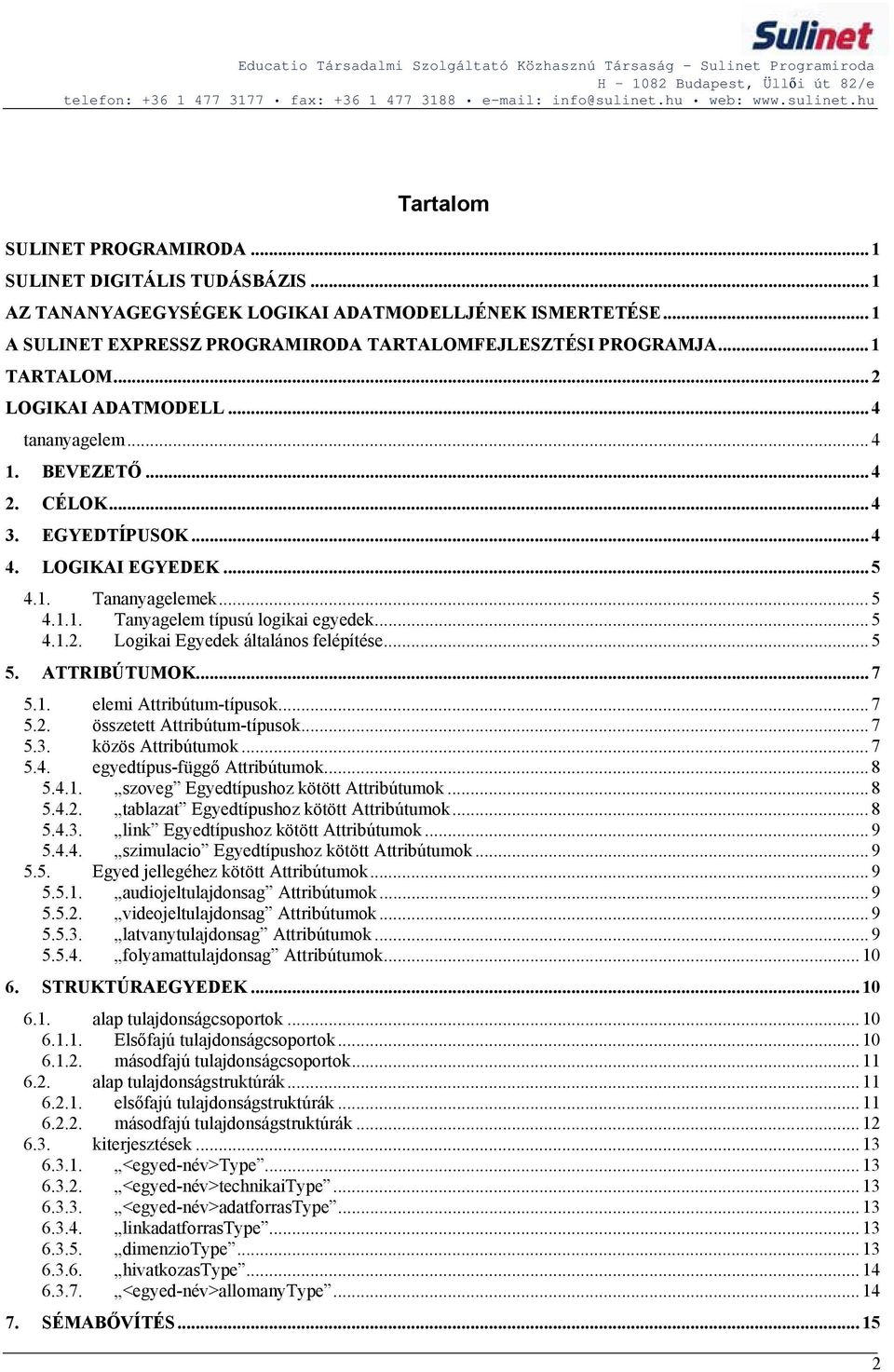 .. 5 4.1.2. Logikai Egyedek általános felépítése... 5 5. ATTRIBÚTUMOK... 7 5.1. elemi Attribútum-típusok... 7 5.2. összetett Attribútum-típusok... 7 5.3. közös Attribútumok... 7 5.4. egyedtípus-függő Attribútumok.