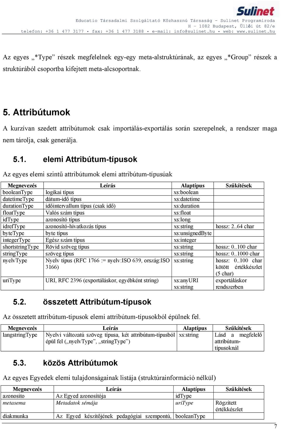 elemi Attribútum-típusok Az egyes elemi szintű attribútumok elemi attribútum-típusúak booleantype logikai típus xs:boolean datetimetype dátum-idő típus xs:datetime durationtype időintervallum típus