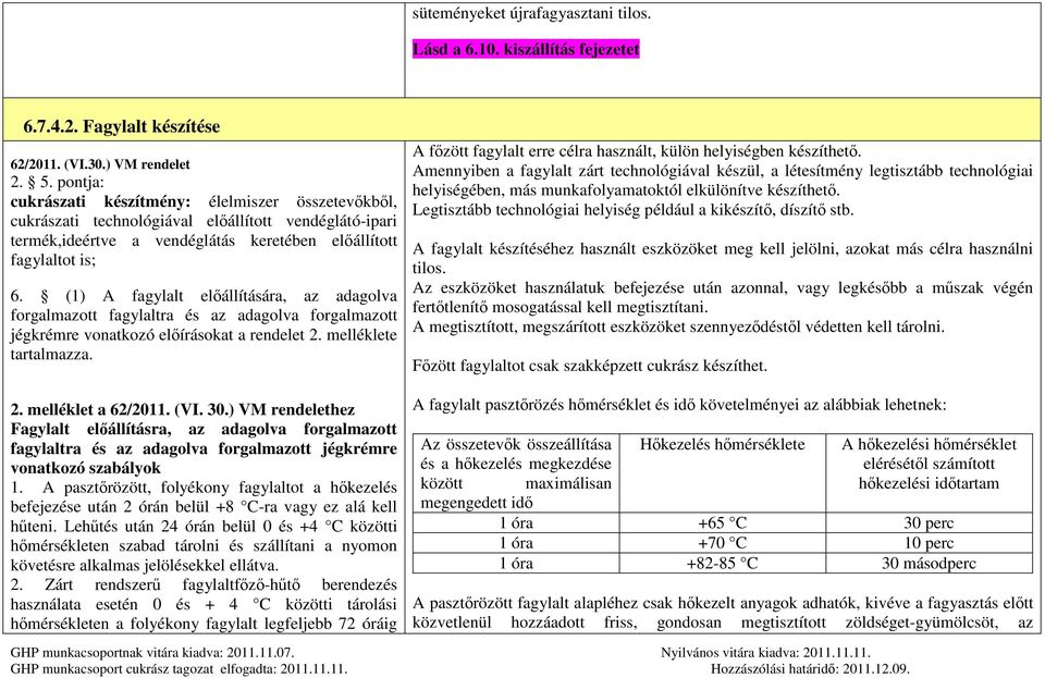 (1) A fagylalt előállítására, az adagolva forgalmazott fagylaltra és az adagolva forgalmazott jégkrémre vonatkozó előírásokat a rendelet 2. melléklete tartalmazza. 2. melléklet a 62/2011. (VI. 30.