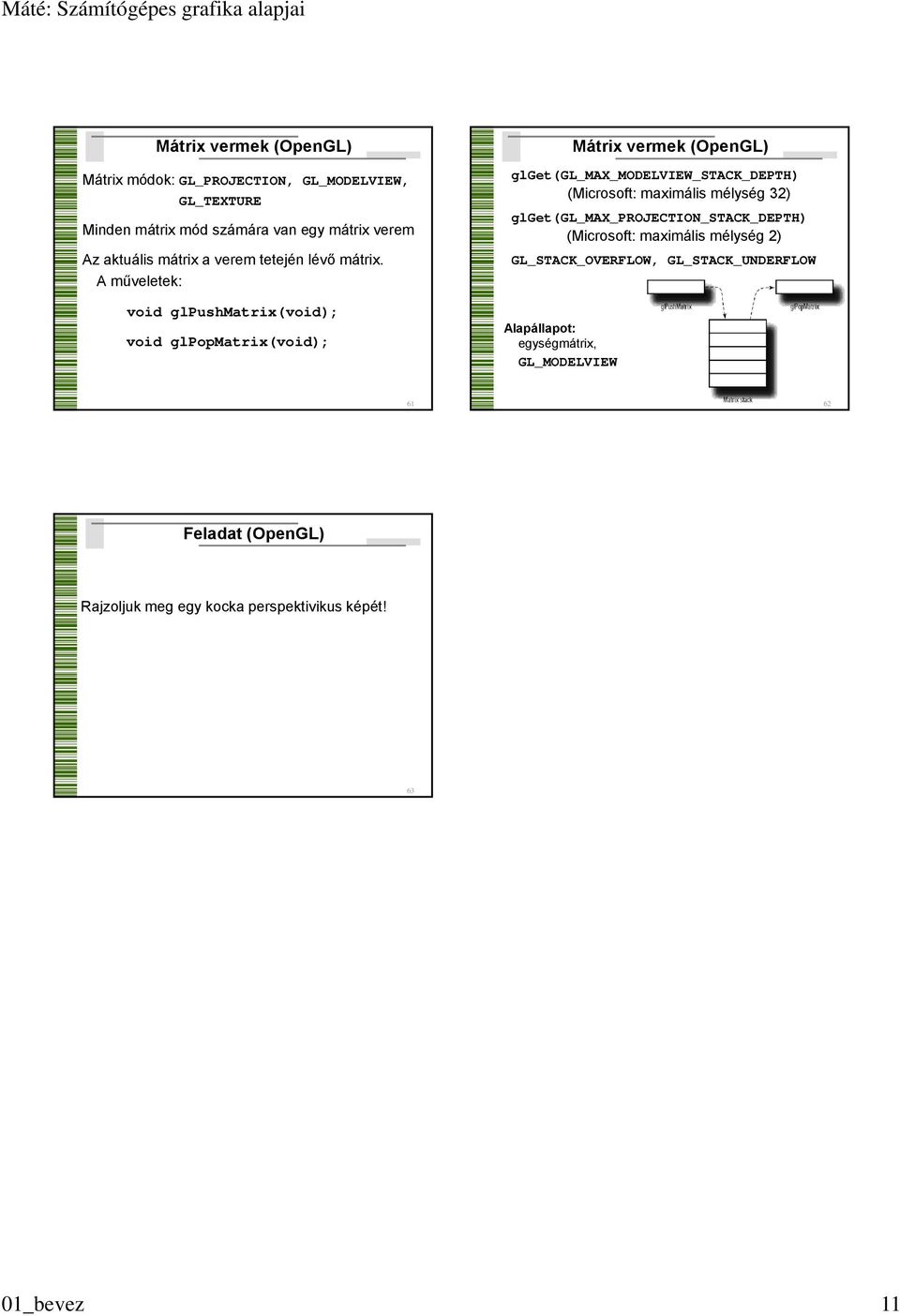 A műveleek: voi glpuhmri(voi); voi glpomri(voi); Mári vermek (OenGL) glge(gl_max_modelview_stack_depth) (Microof: mimáli