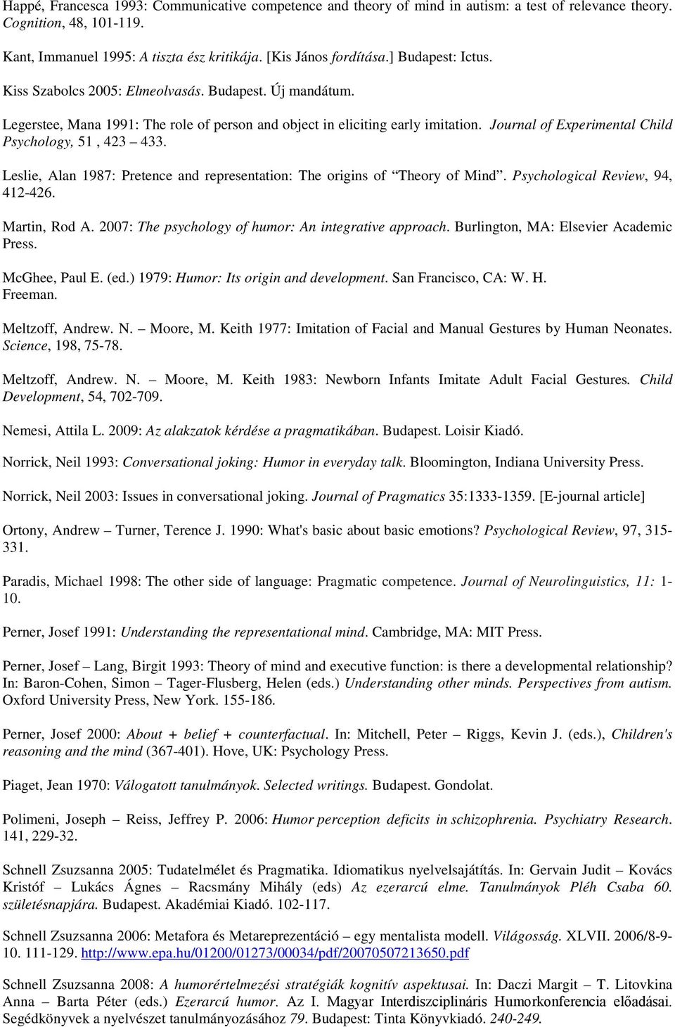 Journal of Experimental Child Psychology, 51, 423 433. Leslie, Alan 1987: Pretence and representation: The origins of Theory of Mind. Psychological Review, 94, 412-426. Martin, Rod A.