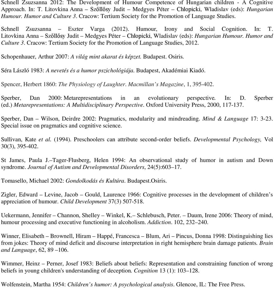 Schnell Zsuzsanna Eszter Varga (2012). Humour, Irony and Social Cognition. In: T. Litovkina Anna Szőllősy Judit Medgyes Péter Chłopicki, Wladislav (eds): Hungarian Humour. Humor and Culture 3.