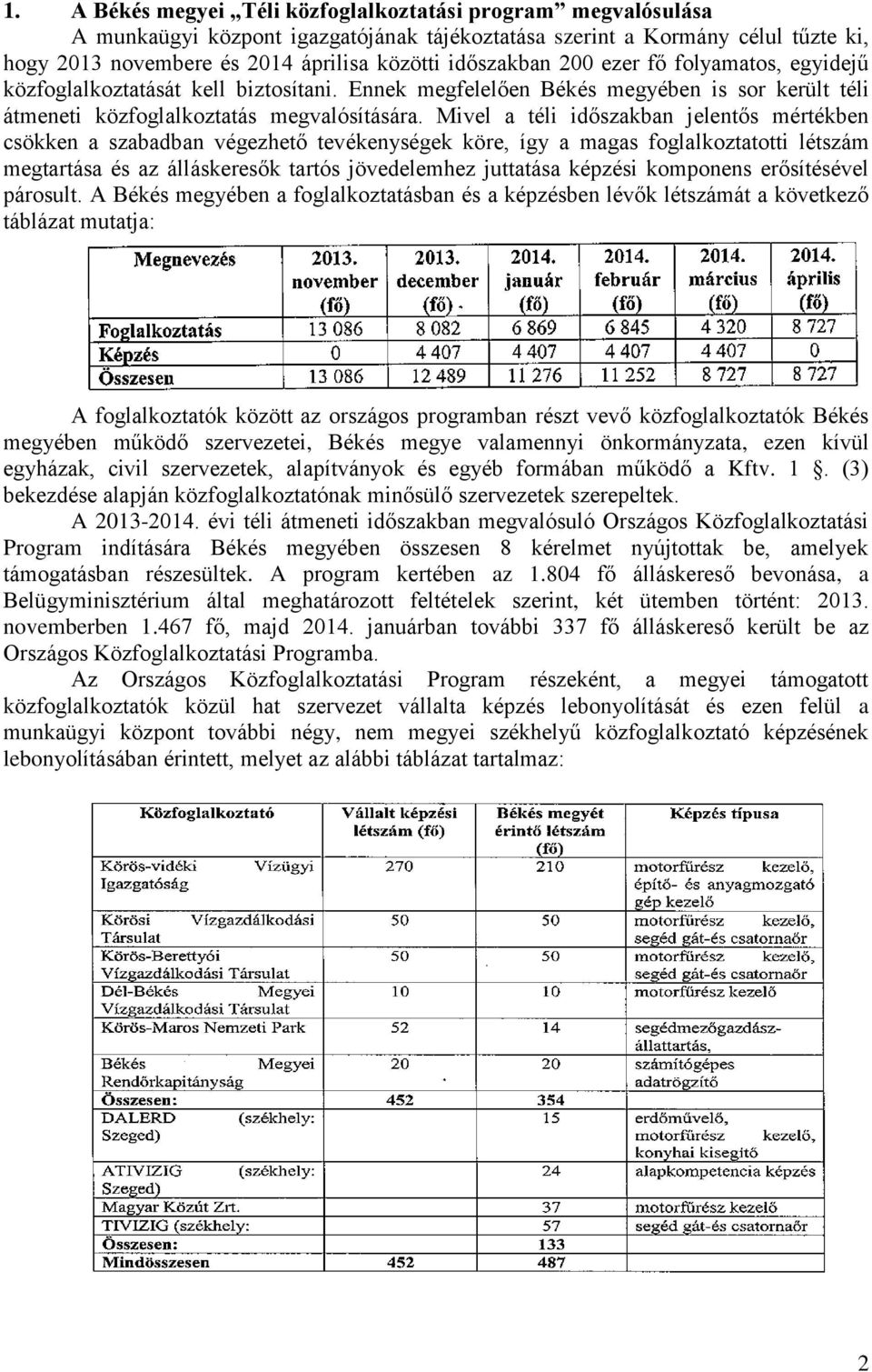 Mivel a téli időszakban jelentős mértékben csökken a szabadban végezhető tevékenységek köre, így a magas foglalkoztatotti létszám megtartása és az álláskeresők tartós jövedelemhez juttatása képzési