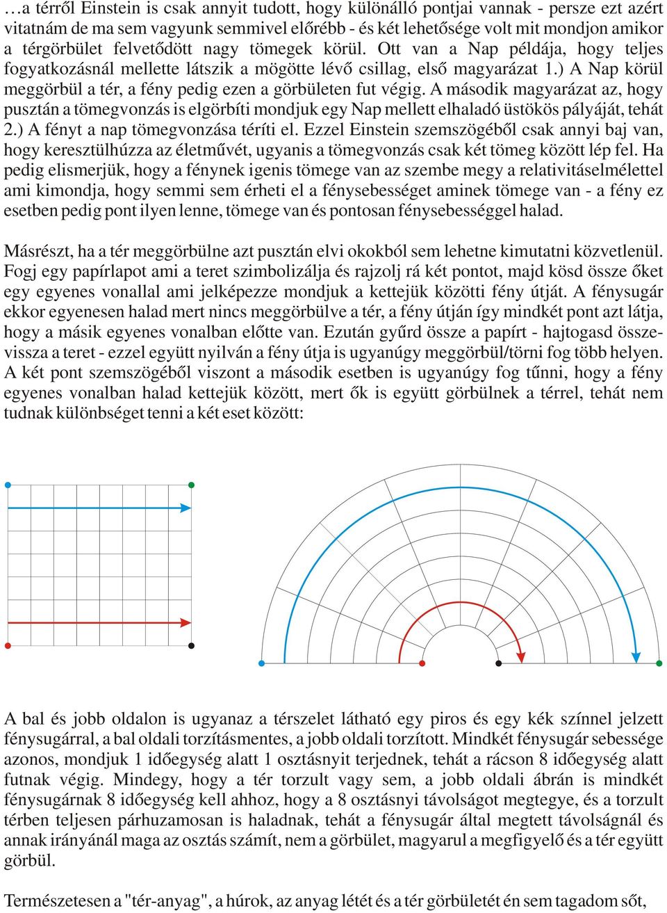 ) A Nap körül meggörbül a tér, a fény pedig ezen a görbületen fut végig. A második magyarázat az, hogy pusztán a tömegvonzás is elgörbíti mondjuk egy Nap mellett elhaladó üstökös pályáját, tehát 2.