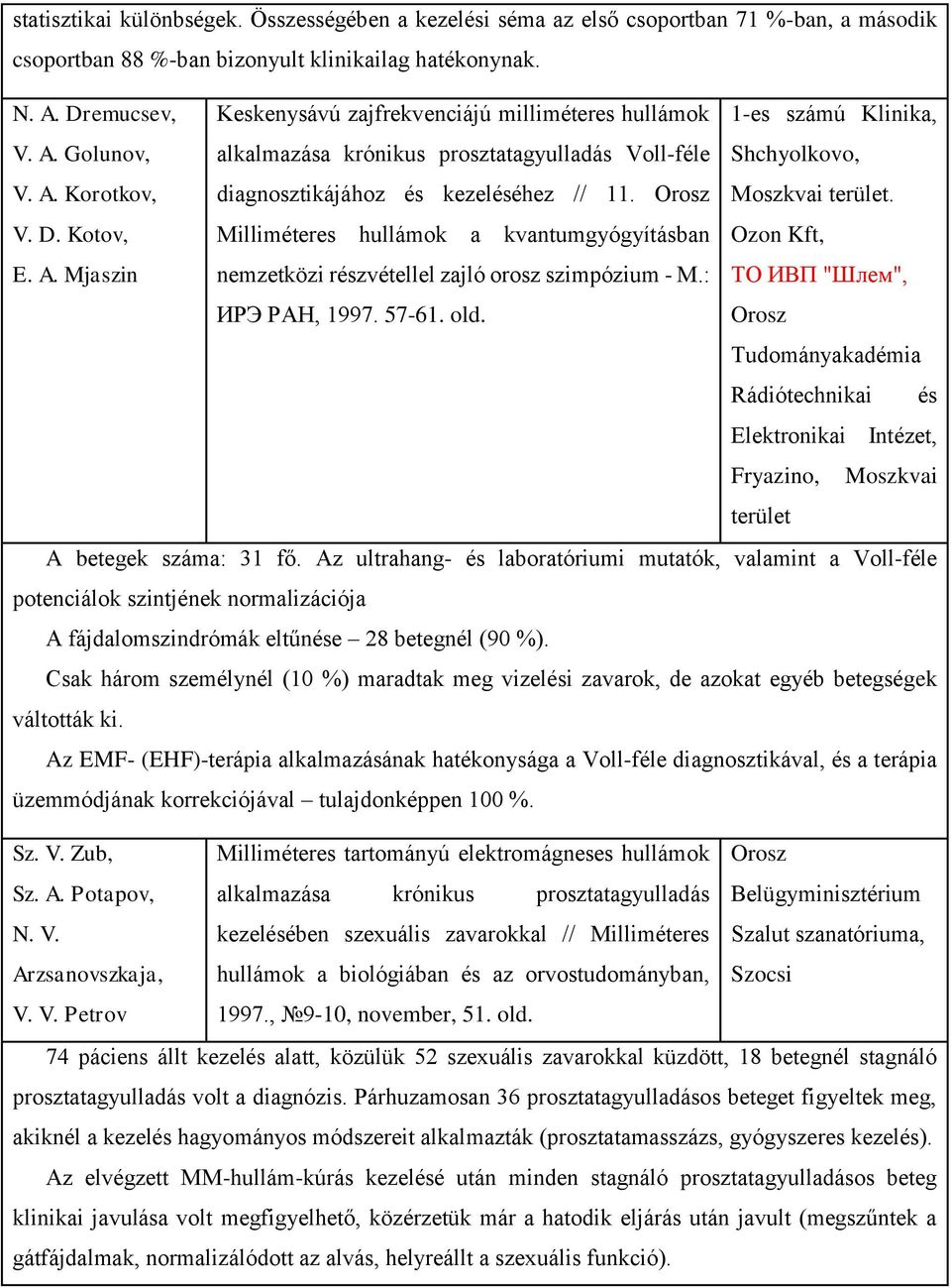 Orosz 1-es számú Klinika, Shchyolkovo, Moszkvai terület. V. D. Kotov, Milliméteres hullámok a kvantumgyógyításban Ozon Kft, E. A. Mjaszin nemzetközi részvétellel zajló orosz szimpózium - М.