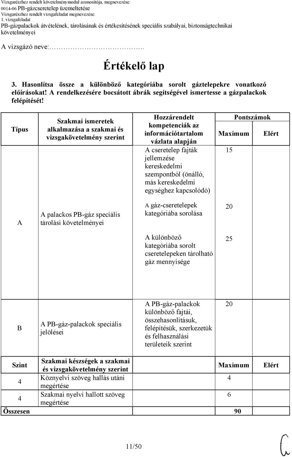 (önálló, más kereskedelmi egységhez kapcsolódó) Pontszámok 15 A A palackos PB-gáz speciális tárolási A gáz-cseretelepek kategóriába sorolása 20 A különböző kategóriába sorolt cseretelepeken tárolható