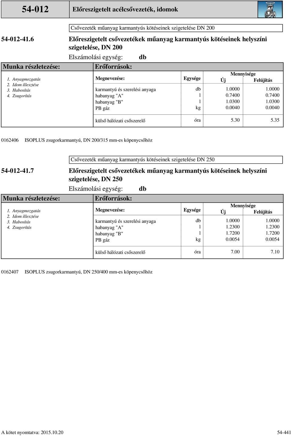 35 ISOPLUS zsugorkarmantyú, DN 200/315 mm-es köpenycsőhöz Csővezeték műanyag karmantyús kötéseinek szigeteése DN 250-47 Munka részetezése: Idom iesztése 0162407 Eőreszigetet csővezetékek műanyag